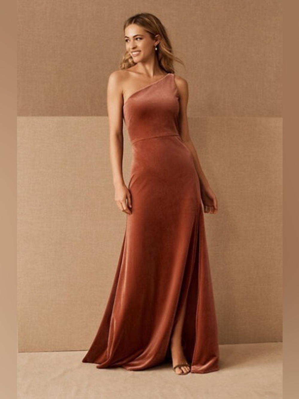 BHLDN x Jenny Yoo One-Shoulder Velvet Gown in Rust-Copper
